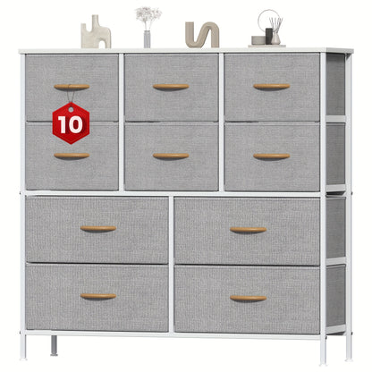 A 10-Drawer Dresser Featuring a Robust Metal Structure, MDF Wood Surface, Fabric Drawers, Adjustable Legs, And Anti-Tip Safety Measures - Perfect for Organizing Storage in a Bedroom, Closet, Living Room, Or Office