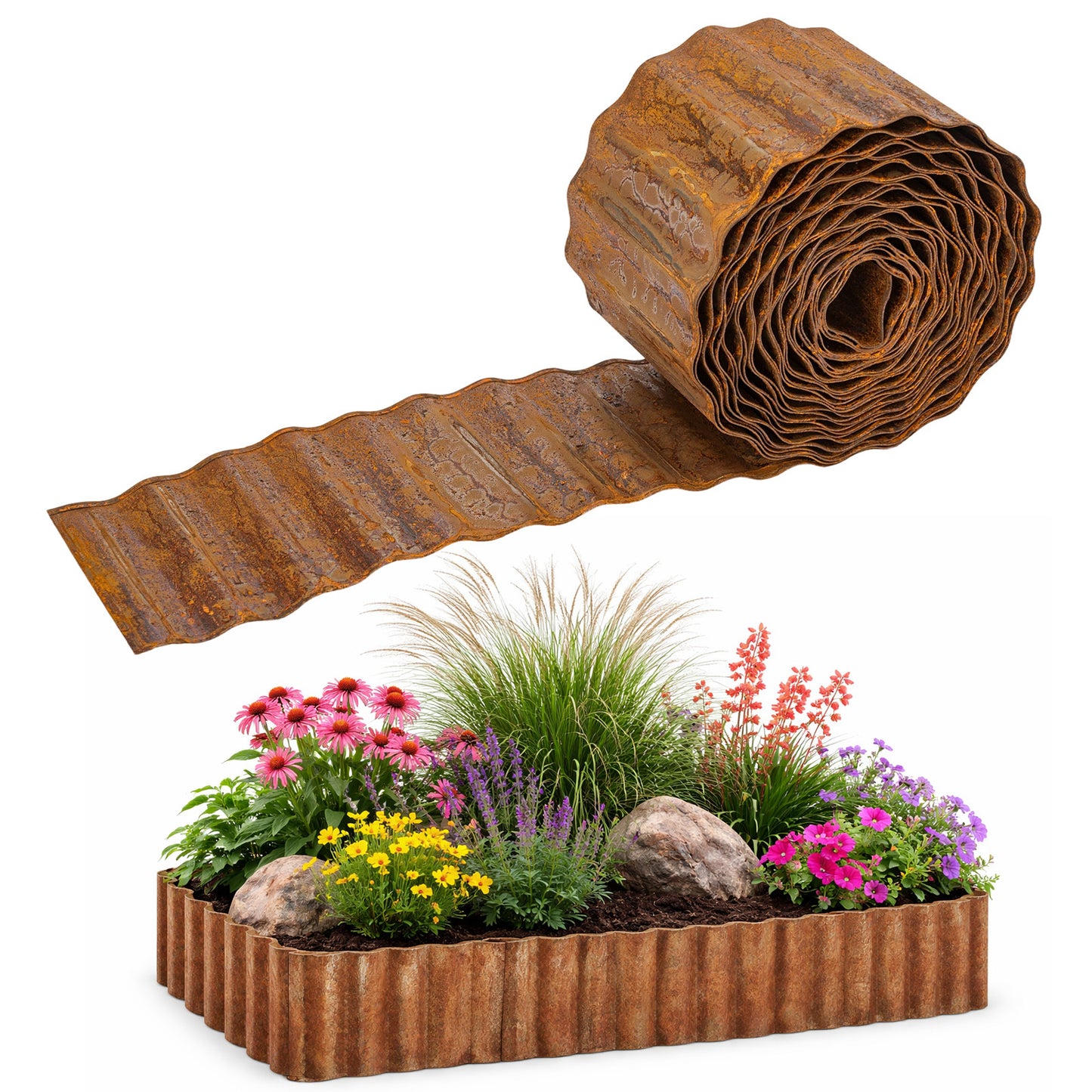 Heavy-Duty Weatherproof Steel Garden Trim Edging - Rustic Landscape Border with Safe Rounded Edges, Easy to Cut & Install - Pre-Rusted Corrugated Metal Fence for Flower Beds, Pathways, Patios - Available in Heights - Outdoor Yard Decoration, Pathway Divid