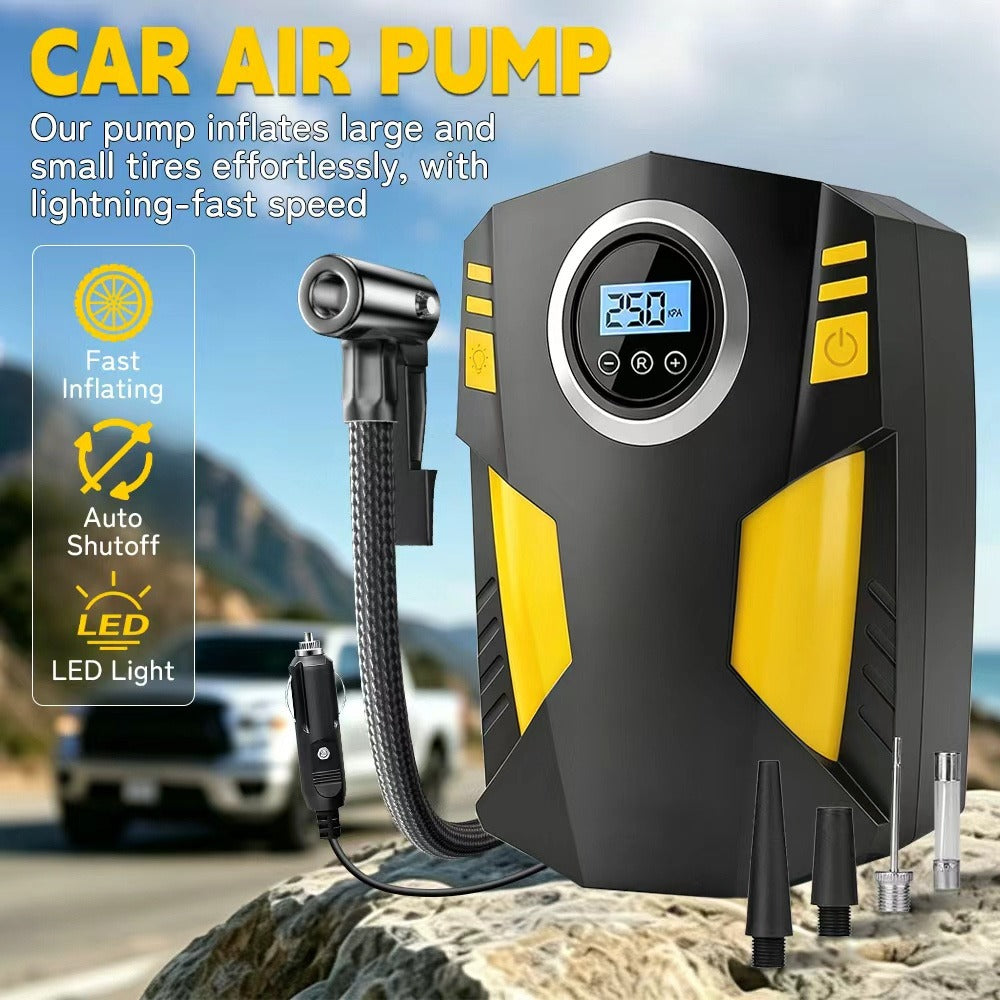 Portable Digital Tyre Inflator Smart Air Compressor with Auto Stop, LCD Screen & LED Light – 150W Handheld Electric Pump for Car, Motorcycle, Bike & Ball