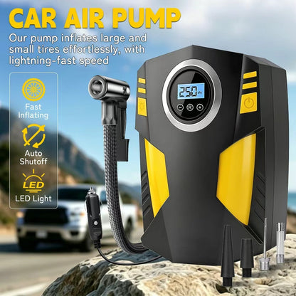 Portable Digital Tyre Inflator Smart Air Compressor with Auto Stop, LCD Screen & LED Light – 150W Handheld Electric Pump for Car, Motorcycle, Bike & Ball