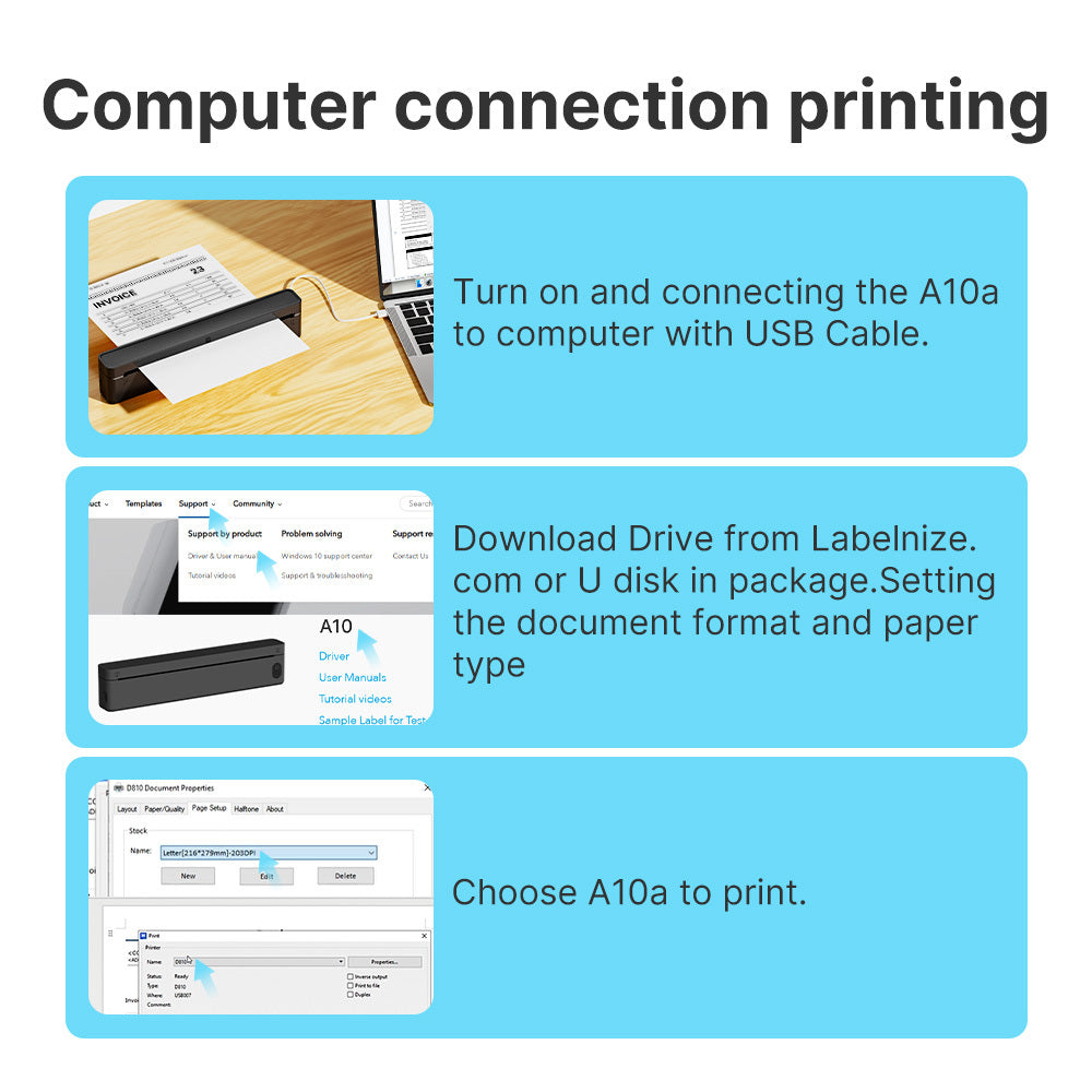 A10A Inkless Portable Printer, Wireless Thermal Printer for Travel, Wireless Mobile Printer for Phones And Laptops, Compatible with 8.5'' X 11'' US Letter And A4 Thermal Paper, Compact Printer for Office, Home, And School