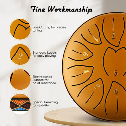 Steel Tongue Drum, 6 Inch 11 Notes, C Key & Rust-Proof Tongue Drum Percussion, Leaf Pattern Handpan Outside with Bag and Percussion Instruments for Meditation, Music Therapy