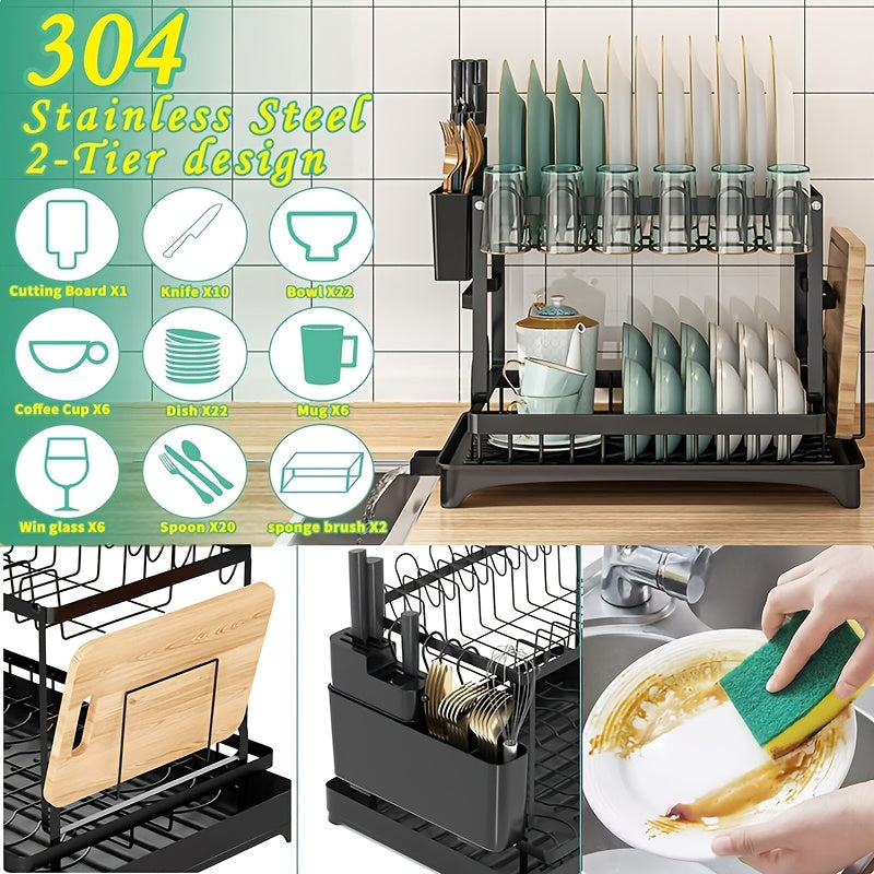 2 Tier Dish Drainer Rack for Kitchen Counter - Space-Saving Dish Rack with Utensil Holder and Cutting Board Holder Large Capacity Drying Rack with Draining Board, Black