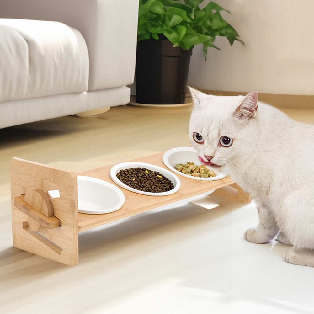 Raised Cat Bowl, Cat Bowls with Stand Tilted 15°, Adjustable Elevated Ceramic Cat Food Bowl for Cats and Small Dog, Adjustable Dog Bowl Stand - Raised Bamboo Stand with One, Two, or Three Ceramic Bowls for Feeding Small,Medium Sized Dogs, Cats,and Pets -
