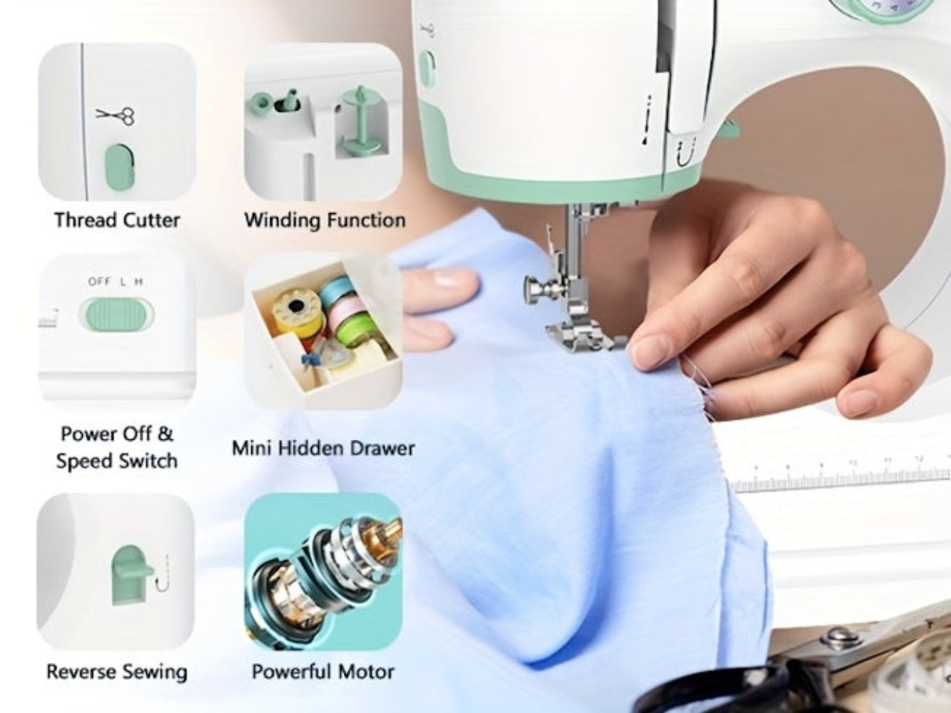 Mini Sewing Machine for Beginners 42-Piece Kit | Portable with Extension Table, 12 Stitch Patterns, Dual Speed, Foot Pedal & Light | Kids & Adults Sewing Machine