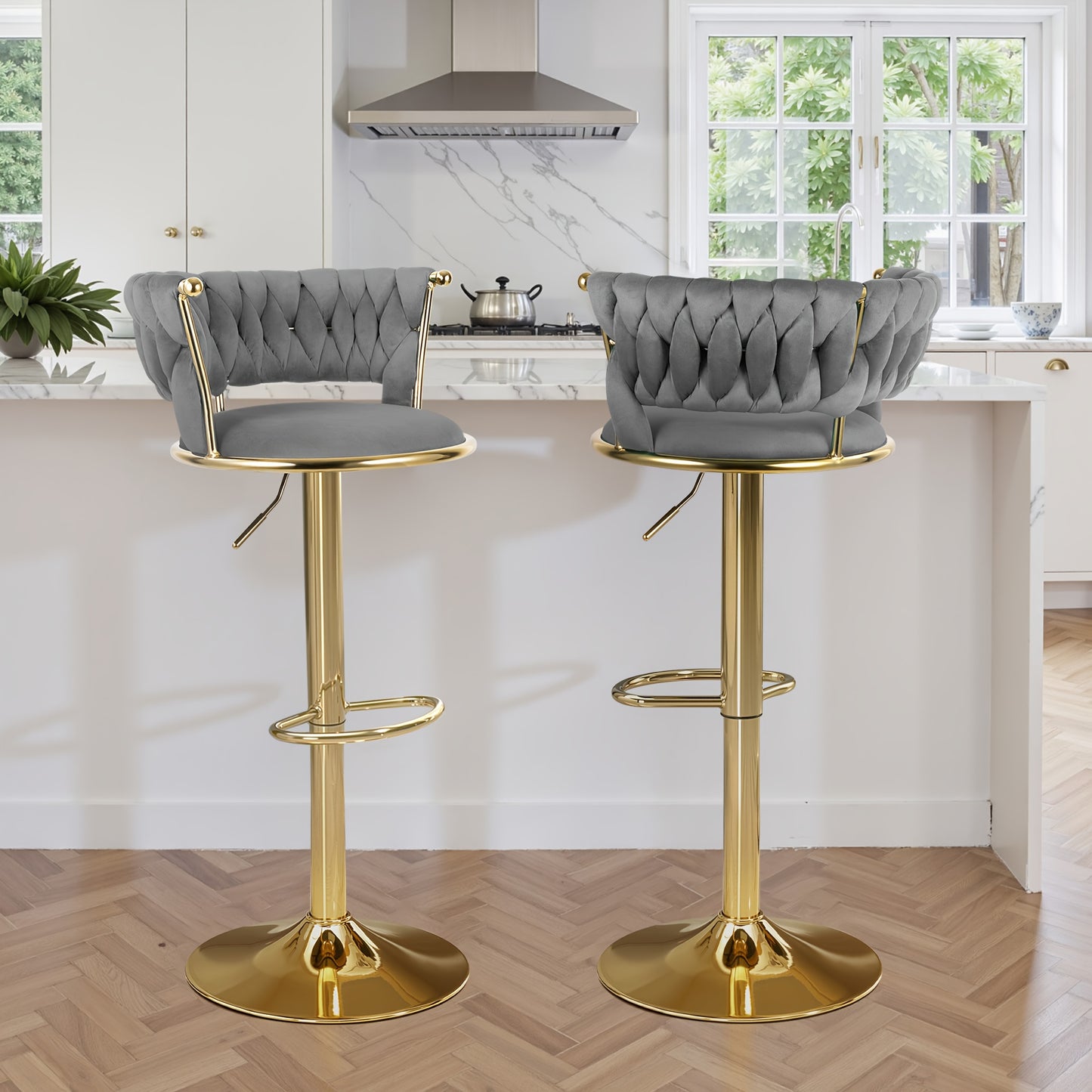 2pcs Modern Swivel Woven Velvet Bar Stools/360° Swivel Adjustable Height with Backs Golden Metal Tall Bar Stools Counter Height for Kitchen Island/for Christmas, Festival, New Year's Gift