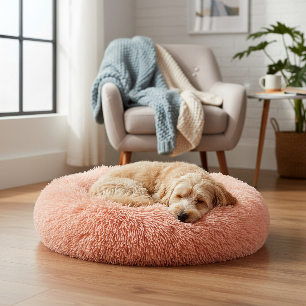 40/50/60/70cm Round Plush Donut Dog/Cat Bed Cuddler Pet Cushion Self-Warming Bed Washable Dog Bed with Non-Slip and Waterproof Bottom Calming Dog Bed