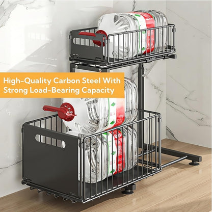 Metal 2- Tier Slide- Out Under Sink Organizer Basket - Heavy- Duty Pull- Out Storage Rack with Adjustable Height, Sliding Drawers- Space- Saving Kitchen Cabinet Organizer for Utensils, Spices, Cleaning Supplies - Home Organization