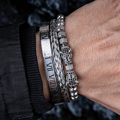 Luxury Leopard Head Men's Bracelet 304 Stainless Steel Bead Bracelet Banlge Adjustable Size Men's Jewelry Gift, Best for Christmas