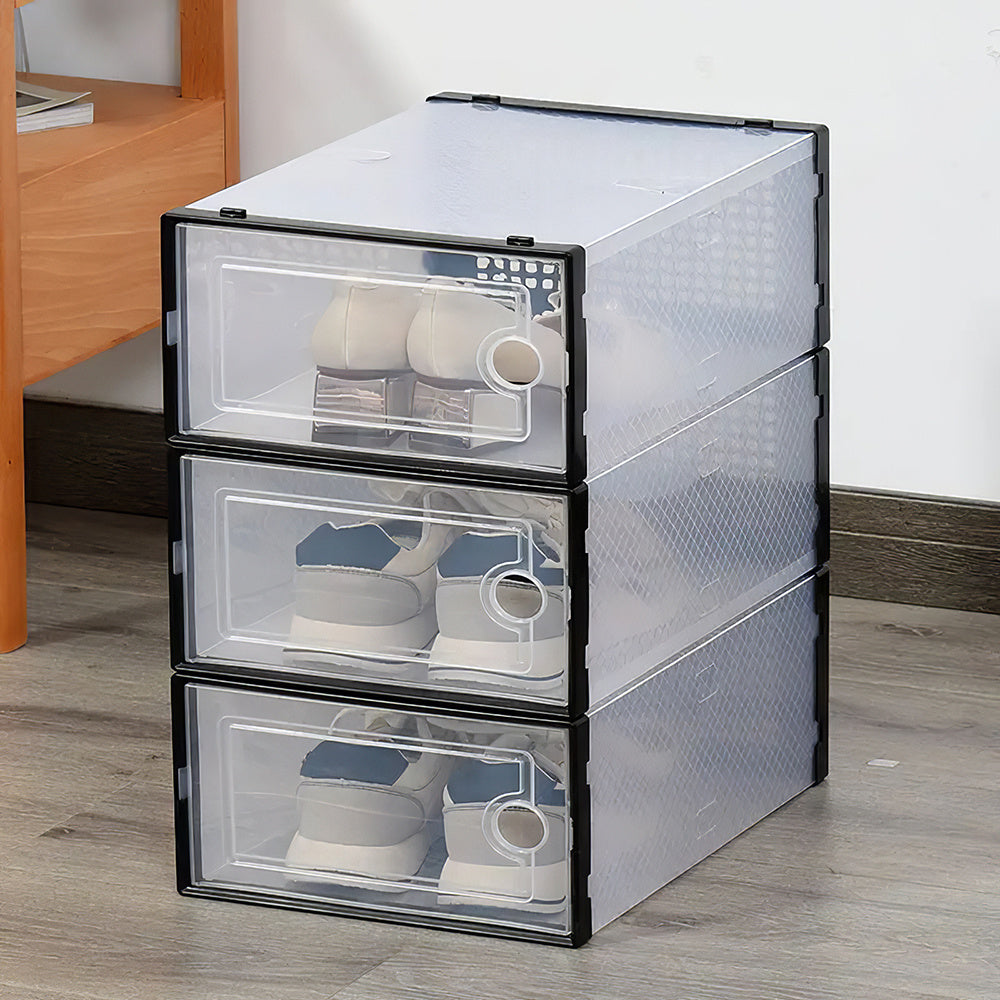 Folding Shoe Storage Box, 12 Pack Clear Transparent Shoe Storage Boxes Hard Plastic Stackable Organiser Containers Bins, DIY Easy Assembly, Sturdy & Durable, Space Saving, Black Door Frame, Foldable and Versatile for Sneakers, Fit up to UK Size 9.5