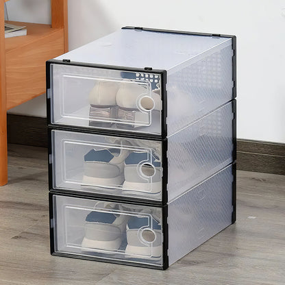 Folding Shoe Storage Box, 12 Pack Clear Transparent Shoe Storage Boxes Hard Plastic Stackable Organiser Containers Bins, DIY Easy Assembly, Sturdy & Durable, Space Saving, Black Door Frame, Foldable and Versatile for Sneakers, Fit up to UK Size 9.5