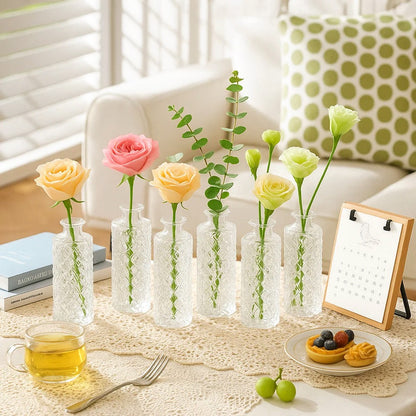 A set of 12 glass bud vases, small retro glass vases, minimalist retro dining table center decorations, home decor, wedding parties, restaurants, floral arrangements, tea lights, candle holders, desktop decorations