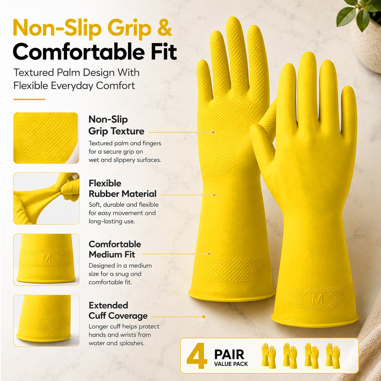 12 Pairs Medium Household Gloves | Yellow Durable Rubber Gloves for Cleaning | Waterproof Latex Washing Up Gloves with Non-Slip Grip | Comfortable Flock-Lined Gloves for Kitchen & Bathroom Use