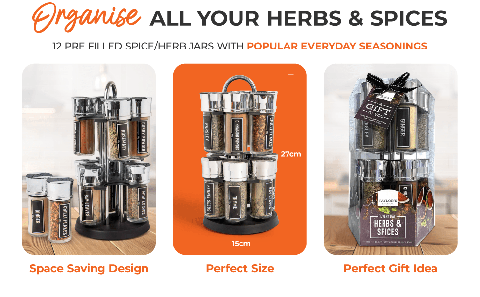 FabFinds Everyday 12 Herbs & Spices Rotating Rack Pre Filled Spice Jars Carousel Stand Complete Kitchen Seasoning Gift Set Stylish Countertop Storage for Everyday Cooking