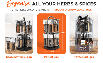 FabFinds Everyday 12 Herbs & Spices Rotating Rack Pre Filled Spice Jars Carousel Stand Complete Kitchen Seasoning Gift Set Stylish Countertop Storage for Everyday Cooking