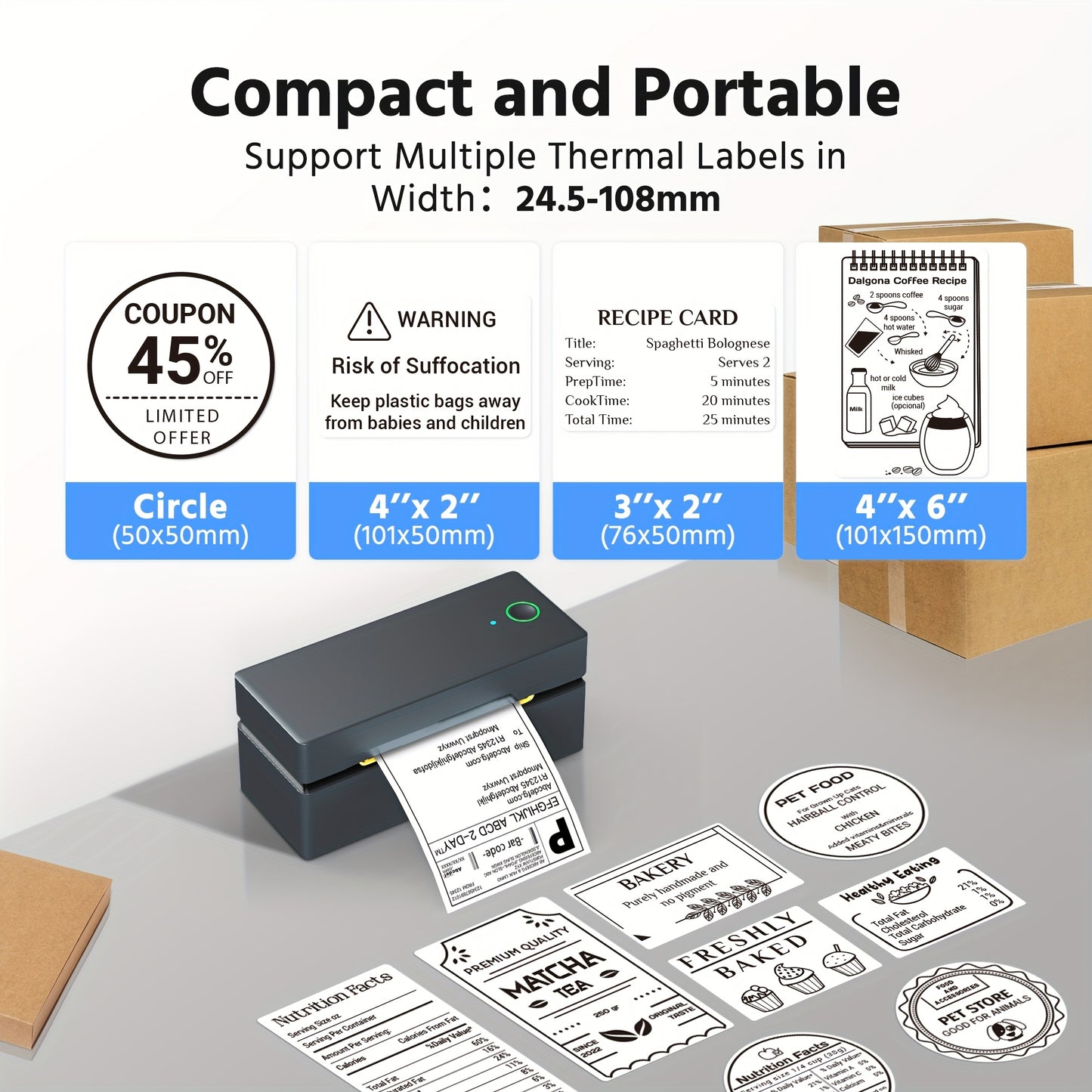PL80EB Shipping Label Printer - Inkless&Portable 10.16x15.24 cm Thermal Label Printer For Small Business, Logistic And Home Use, Compatible With Mobile Phones And Computers(include 50 Sheets Paper)