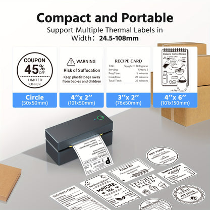 PL80EB Shipping Label Printer - Inkless&Portable 10.16x15.24 cm Thermal Label Printer For Small Business, Logistic And Home Use, Compatible With Mobile Phones And Computers(include 50 Sheets Paper)