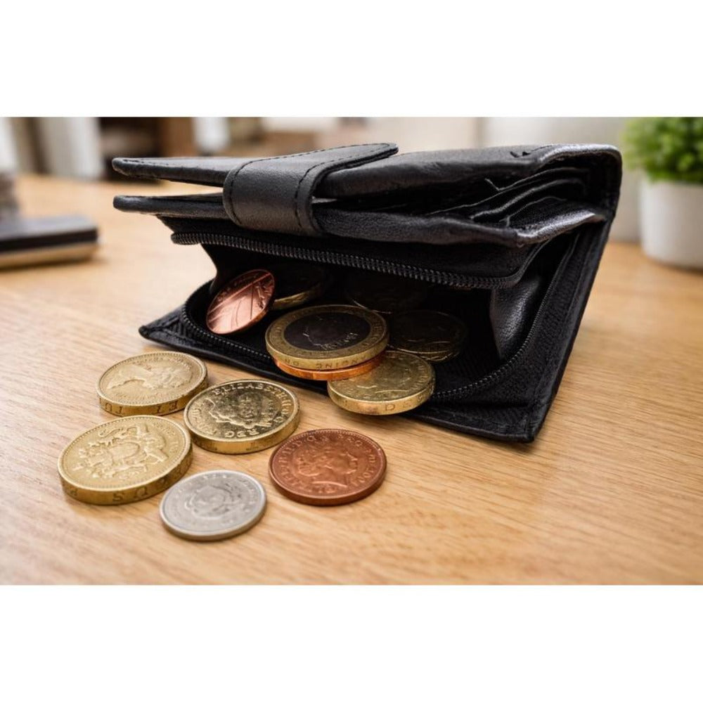 Men's Genuine Leather RFID Blocking Bifold Wallet – 7 Card Slots, ID Window, Zip Coin Pocket & Note Pockets | Slim Black Wallet for Men | Free UK Delivery