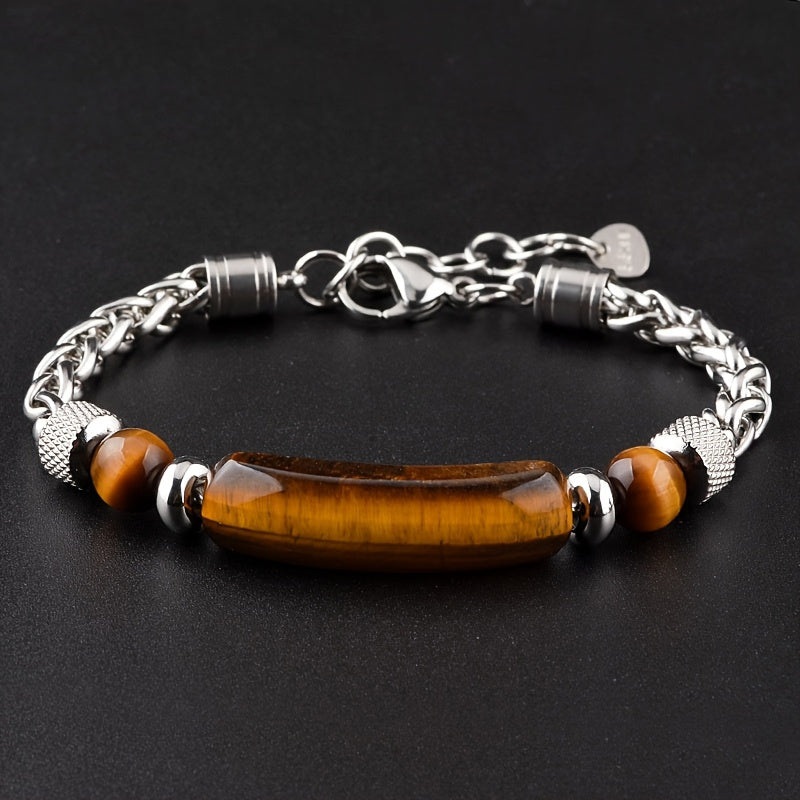 1pc Beaded Flower Basket Chain Bracelet Natural Stone Black Agate Tiger Eye Arc Beaded Bracelet (Slight Cracks in Natural Stone Are Normal) Holiday Gift for Family And Friends Christmas Halloween, Men'S Gift, Men'S Christmas Gift