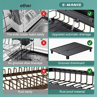 2 Tier Dish Drainer Rack Black Kitchen Counter Dish Storage Rack with Drip Tray Utensil Holder