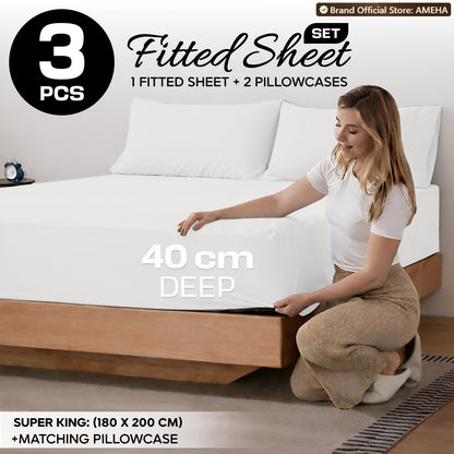 3pcs 40cm Extra Deep Fitted Sheet – Solid Color Soft & Comfortable Bed Sheet with 2pcs Matching Pillowcases, Breathable Fabric Soft Brushed Microfiber Bedding, Machine Washable for Home Bedroom, Hotel