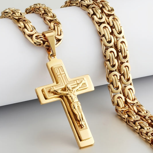 Men's Fashion Accessories 2pcs Set: Stainless Steel Corrosion Geometric Pattern Pendant + Hand-Assembled U-Shaped Necklace