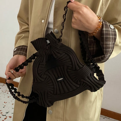 Casual Knitted Woven Handbag with Drawstring And Hand-Held Bag A Japanese And Korean Style A Stylish Soild Bag