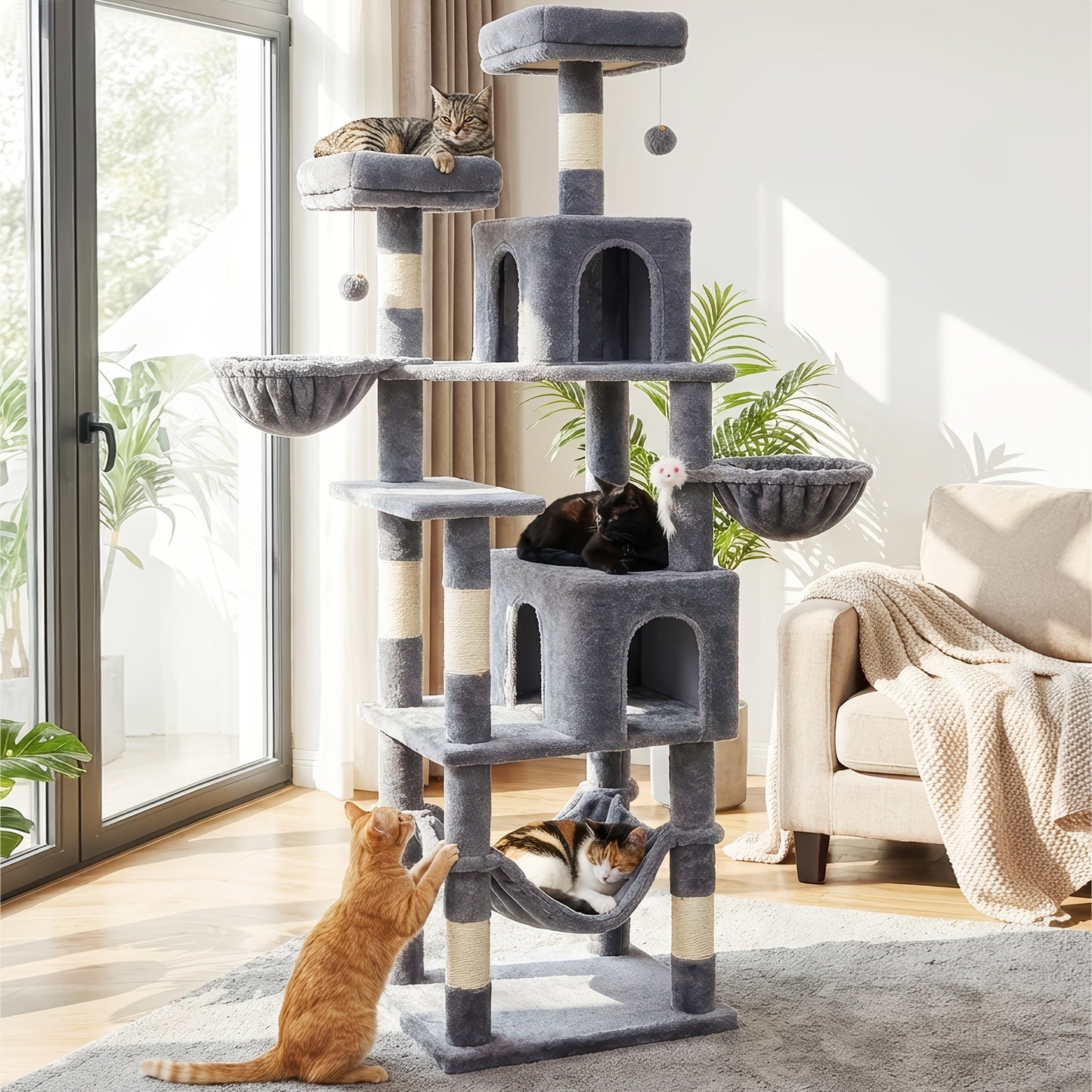 AMHANCIBLE 180cm Tall Cat Tree, Multi-Functional Cat Tower With Perches, Condos & Sisal Poles, Sturdy Wooden Cat Playground For Multi-Cat Households, Easy To Assemble