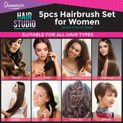 5 Pack Hair Brush Set for Women | Professional Pink Hairdressing Brushes | Paddle, Cushion, Round, Zig Zag & Vented Styling Brushes | Salon & Home Hair Brush Kit for Detangling, Volume & Smooth Styling