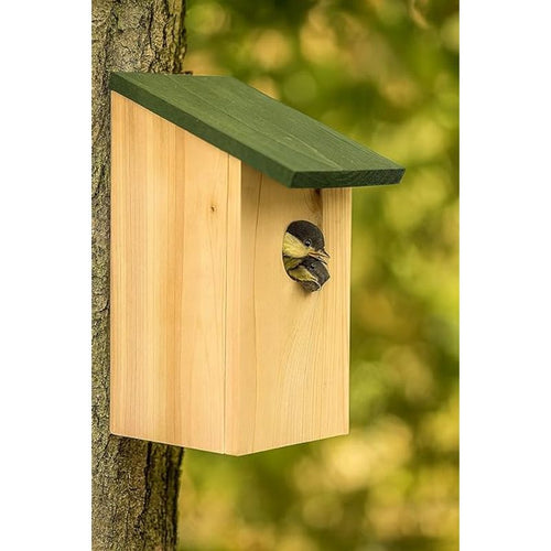 Garden Mile Traditional Wooden Garden Ornaments Outdoor Bird House Black Wooden Roof Garden Bird Box - Natural Large Freestanding Hanging Wild Birds Nesting Box For Tree, Patio And Garden Décor