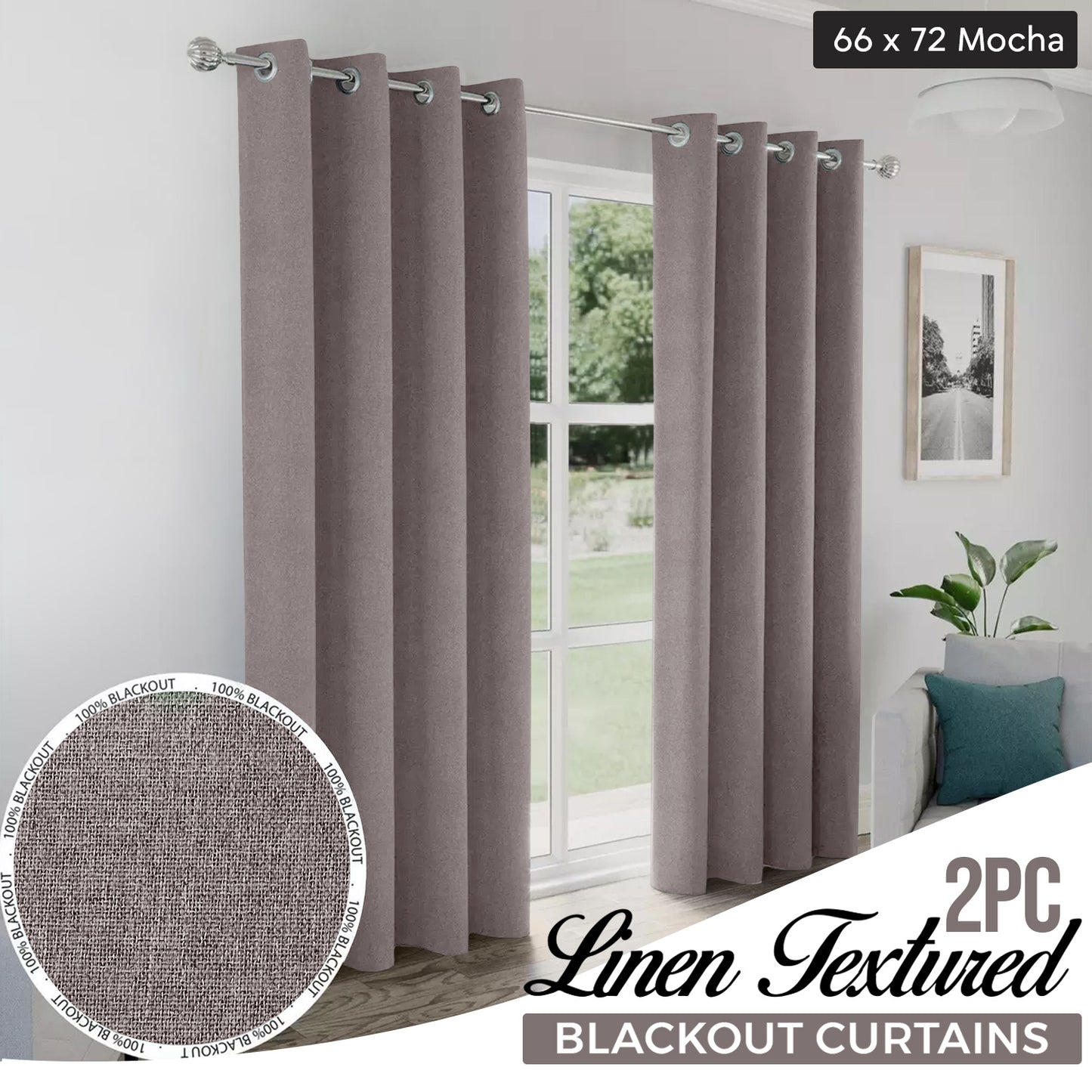 2pcs Linen Textured Blackout Curtains – Linen-Look Coated Thick Fabric Grommet Top Drapes for Bedroom & Living Room, Noise Reducing Energy Saving Window Panels for Home Decor 135GSM