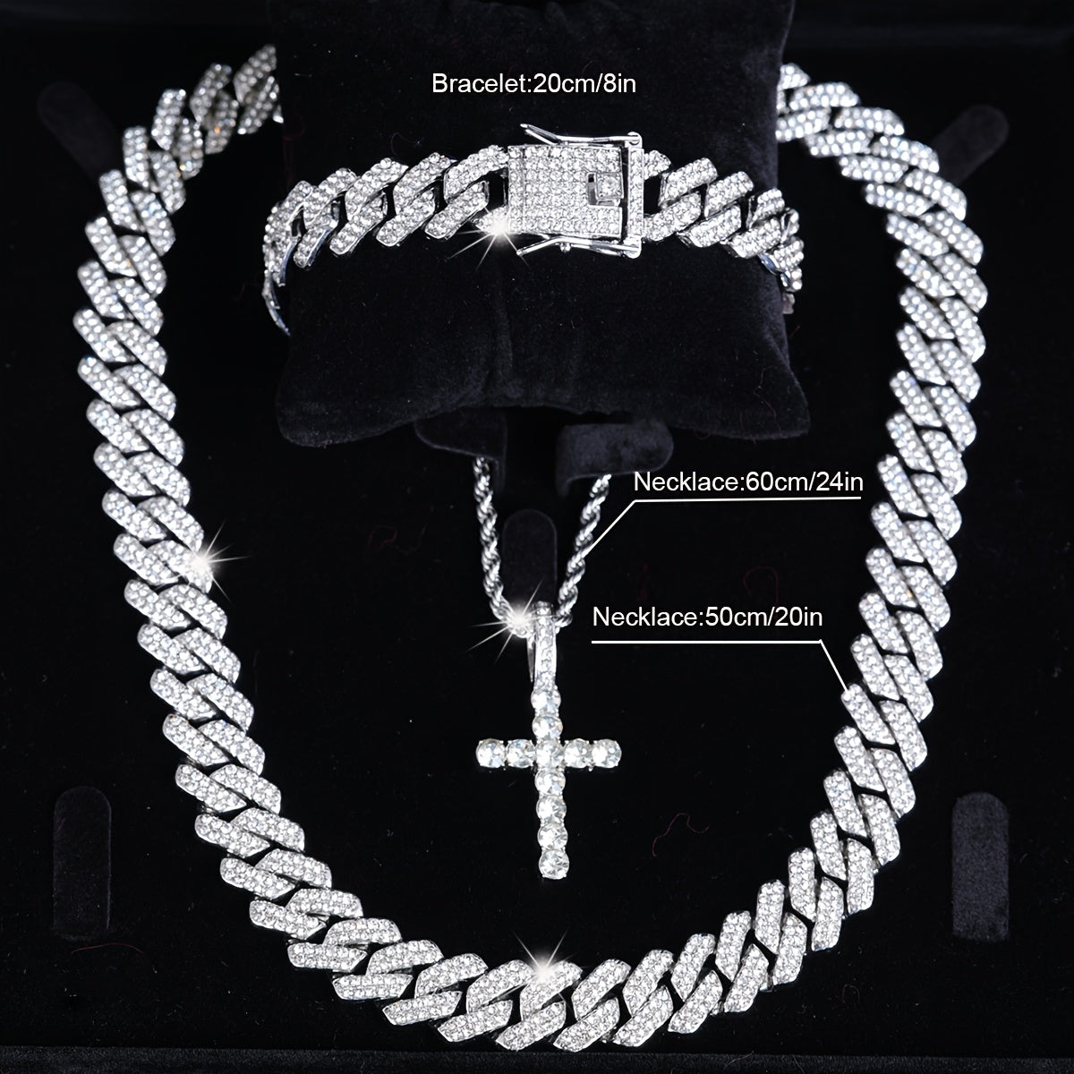Unisex 3pcs hip-hop style Men's Christmas jewelry set - cross necklace with multi-layered Cuban chain, Rhinestones-encrusted bracelet -