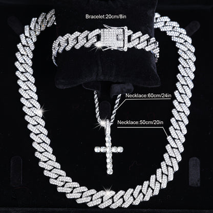Unisex 3pcs hip-hop style Men's Christmas jewelry set - cross necklace with multi-layered Cuban chain, Rhinestones-encrusted bracelet -