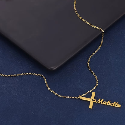 Golden Silvery Personalized Custom Name Necklace 1pc, Hollow Cross Pendant, Women Girlfriend Gift Jewelry, Easter Religious Belief Gift, Suitable for Women Mom