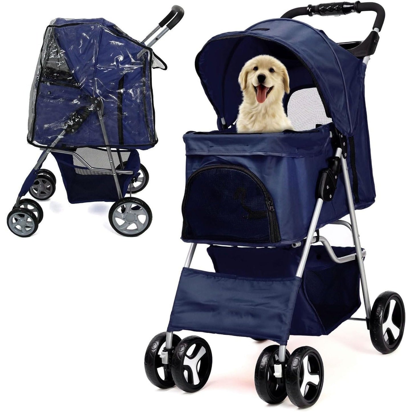 Foldable Pet Stroller With Rain Cover, Portable Foldable Outdoor Walking Cart with Large Space, Hand-Pull Design, Durable Oxford Fabric, Ergonomic Handle & Ventilation Mesh, Lightweight & Sturdy Frame For Small To Medium Dogs - Outdoor Pet Carrier, Modern