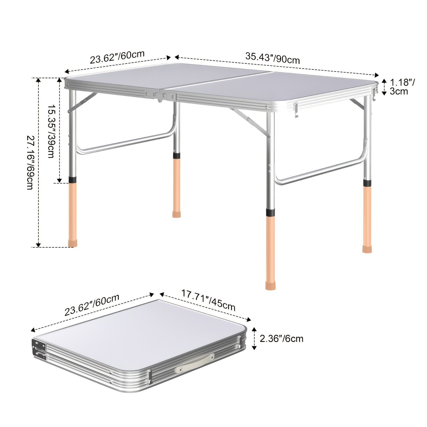 Folding Picnic Table Aluminum Camping Table Lightweight 3 Gear Adjustable Height Portable Folding Table with Carry Handle Adjustable Garden Outdoor Picnic Table Kitchen Work Top Table, White, 120x60x70/62/55cm