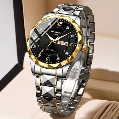1 New Stainless Steel Men'S Quartz Watch with Roman Numerals, Rhinestone Dial, Date Calendar, Trendy Minimalist Luxury Brand, Luminous Sports Casual Business Multi-Functional Watch - Ideal Birthday Gift and Holiday Present, Elegant Watch For Men, Watch Fo