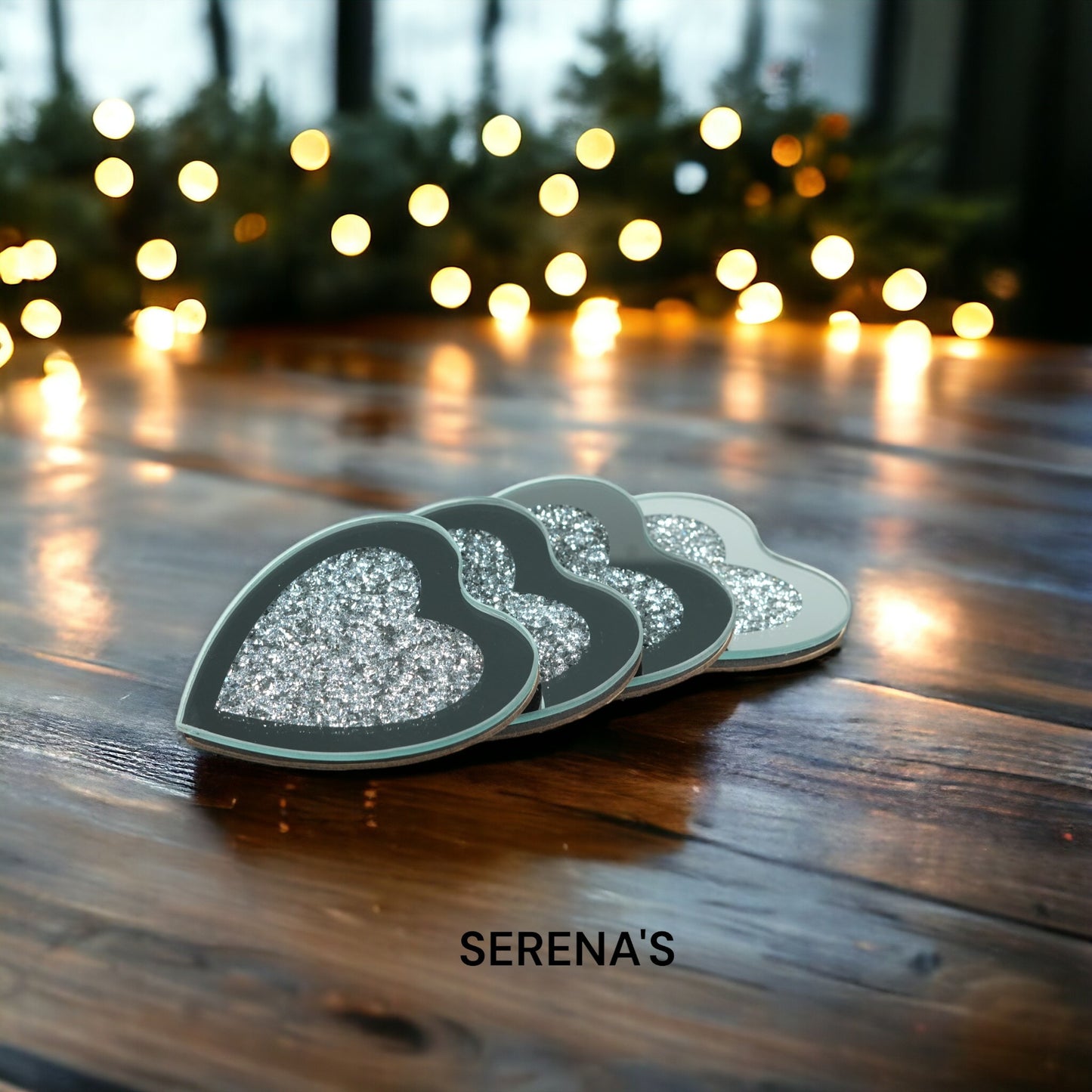SERENA'S ® Set of 4 Heart Crystal Coasters – 10cm Glass Mirrored Drink Coasters with Glitter Crushed Diamond Design – Elegant Coasters for Home, Kitchen, Bar, or Table Decoration