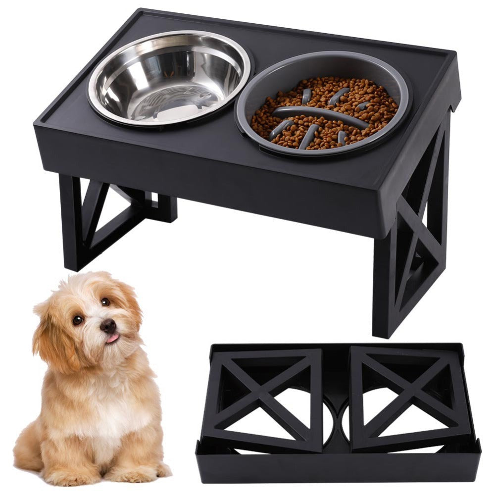 Elevated Dog Bowl Stand Height-Adjustable – Raised Feeder with Stainless Steel & PP Bowls for Small, Medium & Large Dogs, Anti-Slip Feeding Station, 45x26x27.5cm, Black