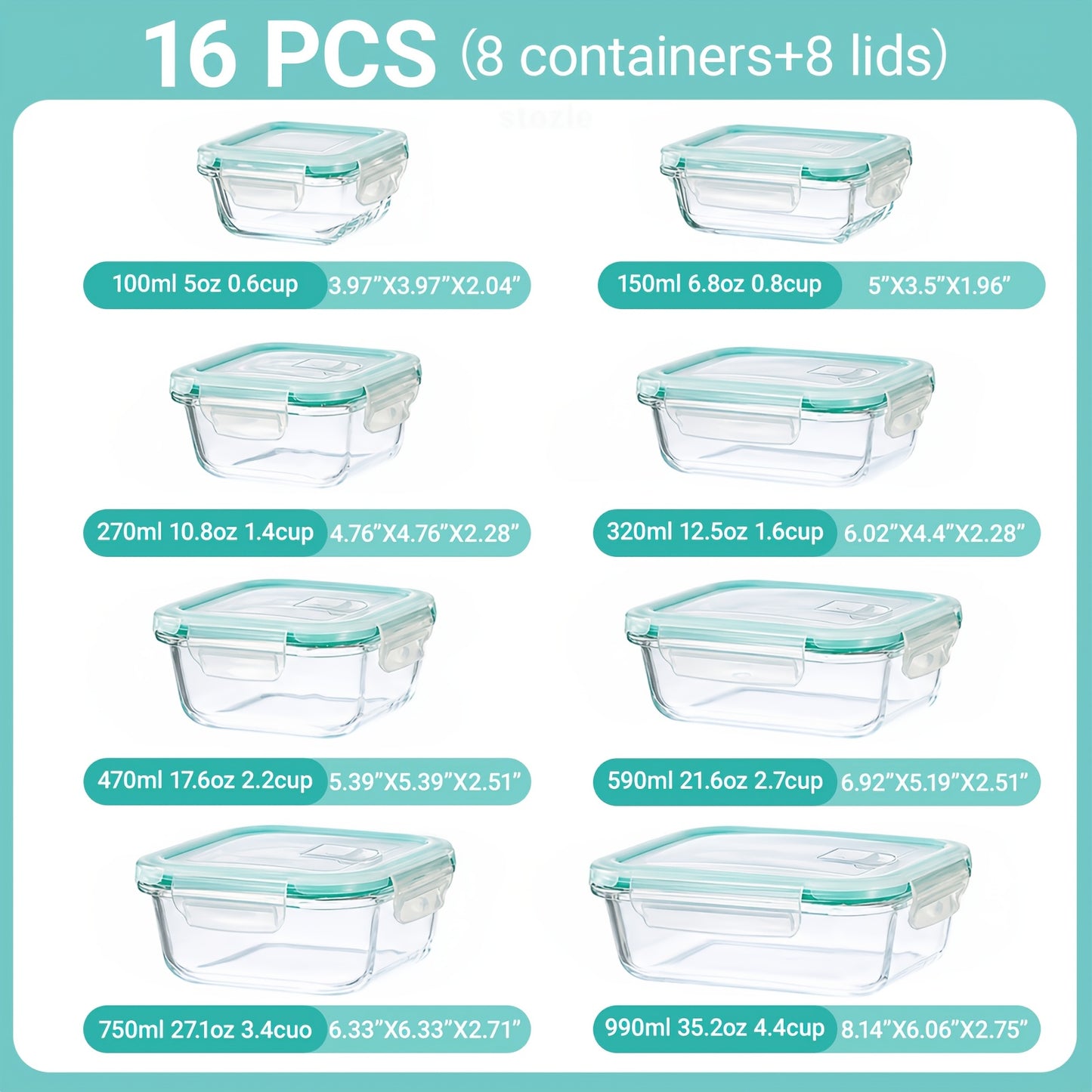 8pcs Glass Storage Container Set with Lids, Stackable, Leak-Proof Snap-Lock Seal, a Great Helper for Kitchen Storage, Suitable for Ovens, Microwaves, Refrigerators, And Dishwashers