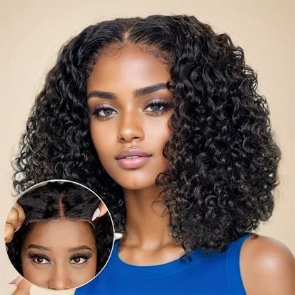 Kinky Curly Bob Wig Human Hair 4x4 Lace Closure Glueless Wear & Go Pre Plucked Pre Cut Deep Curly Short Wig 180% Density 12 Inch for Women