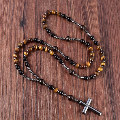 New Natural Tiger Eye Round Bead Long Chain Necklace with Black Agate Cross for Men