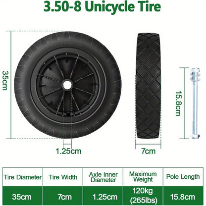 PU 14" Puncture Proof Black Wheelbarrow Wheel Tyre 3.50-8 foam filled + AXLE Wheelbarrow Wheel Replacement for Tough Garden Outdoor Use