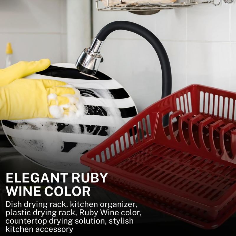 Stylish Dish Drying Rack with Plate Ruby Wine 38.5cm - Durable Plastic Kitchen Organizer Room Utensils - Sturdy
