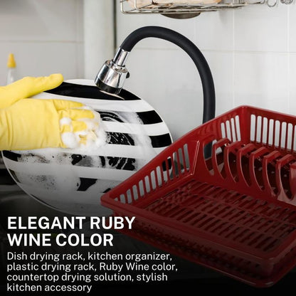Stylish Dish Drying Rack with Plate Ruby Wine 38.5cm - Durable Plastic Kitchen Organizer Room Utensils - Sturdy