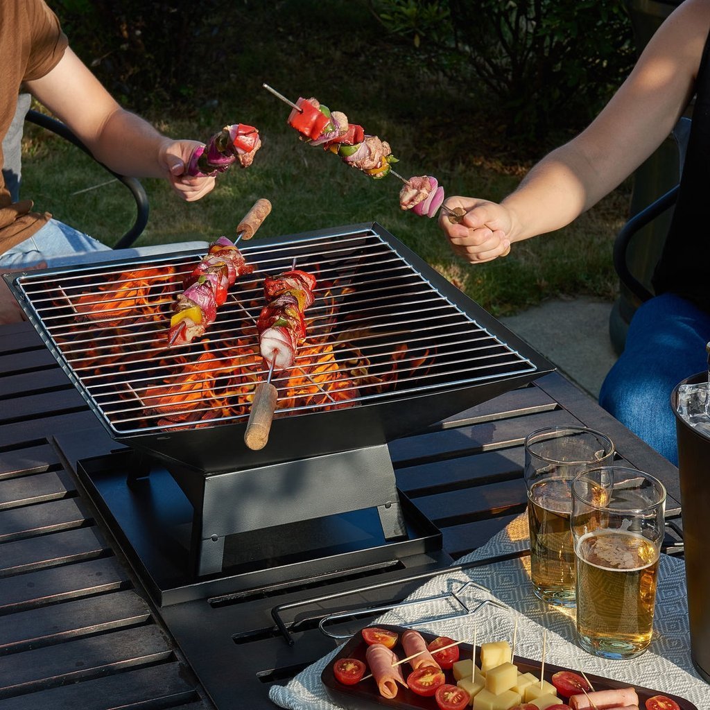 Taylor & Brown Square Fire Pit with BBQ Grill Heater Outdoor Garden Black Barbeque Metal Brazier Patio Decor Firepit Stove Portable Heat Mesh Cover for Camping or Picnics