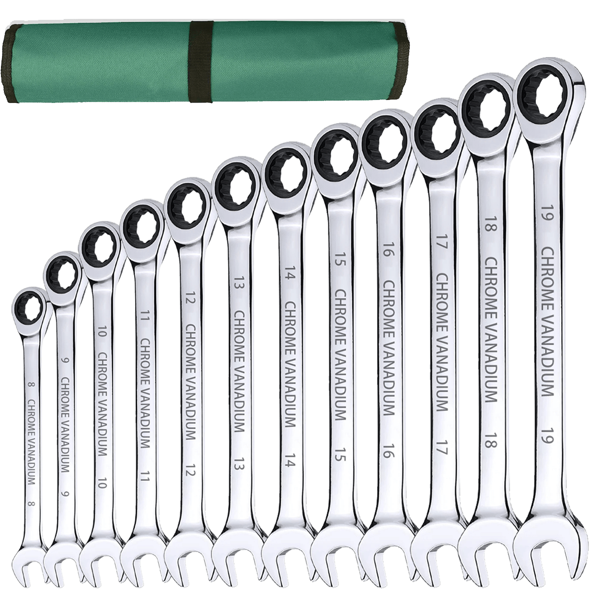 12P 72 Tooth Durable Metal Ratchet Spanner Set Combination Wrench Metric Sizes from 8Mm to 19Mm with Roll Bag, Perfect for Home, Bike, Car Repairs