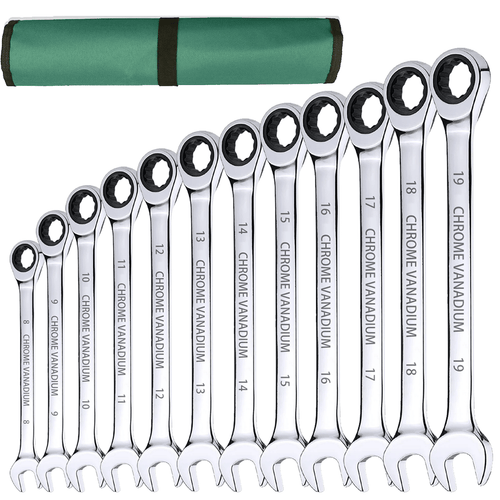 12P 72 Tooth Durable Metal Ratchet Spanner Set Combination Wrench Metric Sizes from 8Mm to 19Mm with Roll Bag, Perfect for Home, Bike, Car Repairs