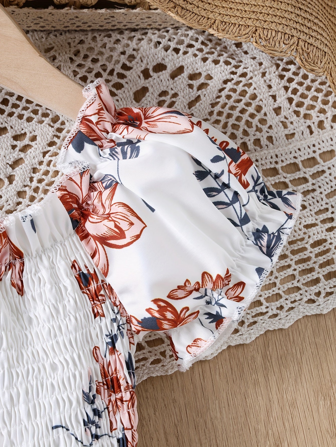 White Waist-Cinching Print Short-Sleeve Round-Neck Casual Dress for Girls