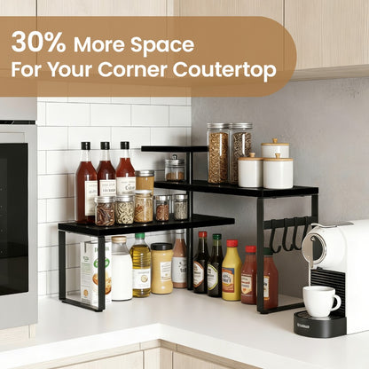 3-Tier Adjustable Countertop Organizer Spice Rack, Corner Shelf with 4 Hooks, Rustic Kitchen Counter Organizer for Coffee Bar, Bathroom, Cabinet, Desk